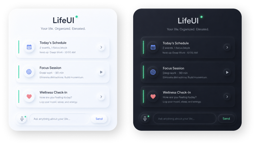 LifeUI light and dark interface cards