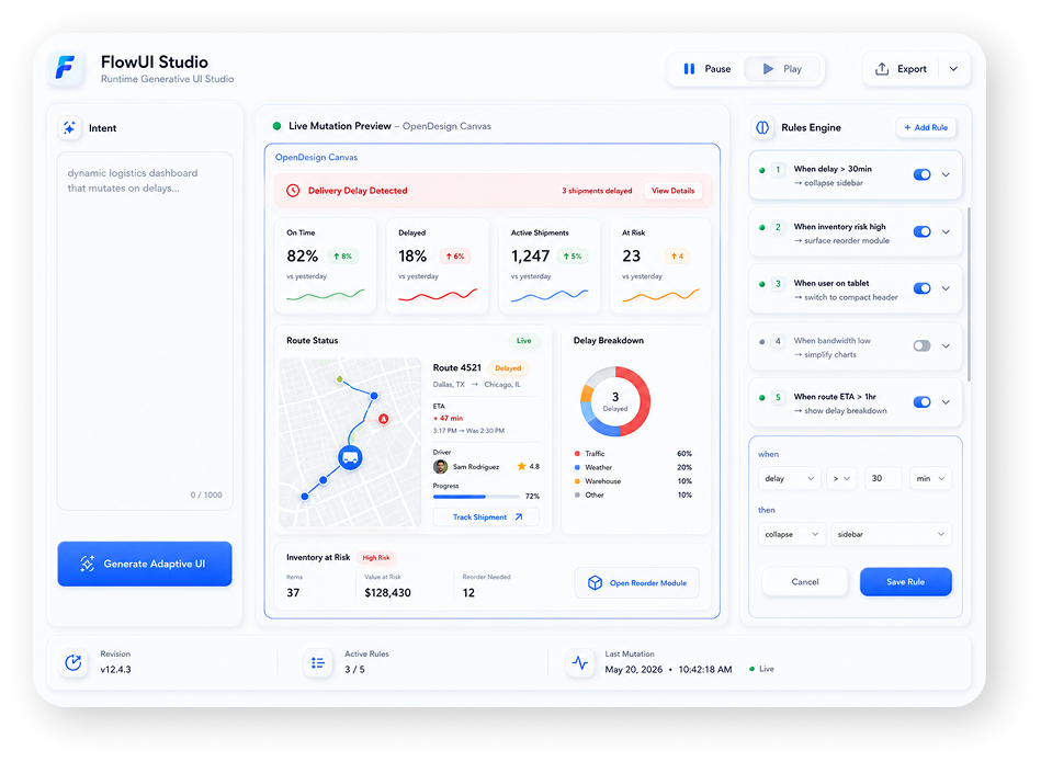 FlowUI Studio runtime generative UI dashboard