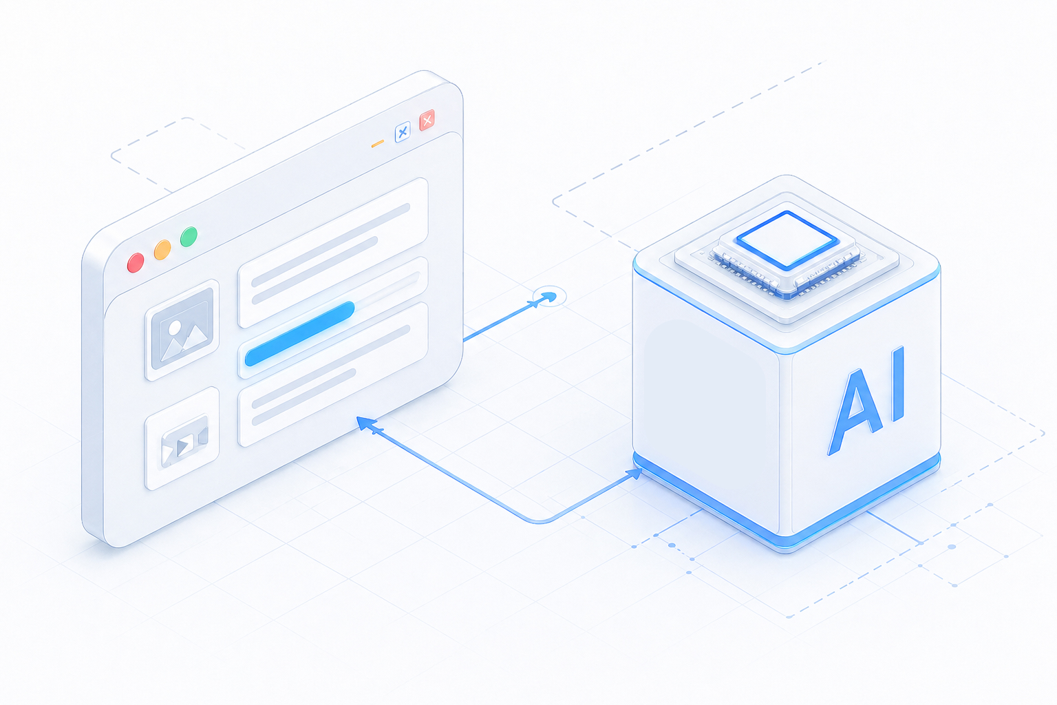 CreateiQ — isometric illustration of a browser window connected to an AI cube